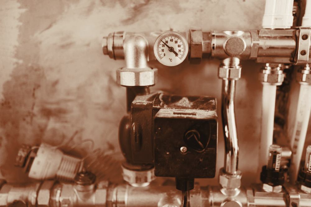 A pressure gauge and steel pipework on a domestic heating system